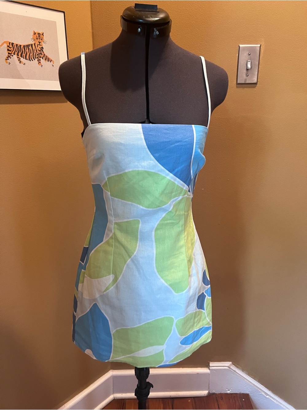 Blue & Green Abstract Print Mini Dress with Spaghetti Straps